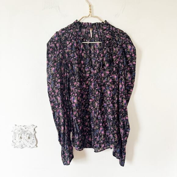 Free People Meant to Be Black Purple Floral Puff Sleeve Smocked Cotton Blouse S - Picture 9 of 15